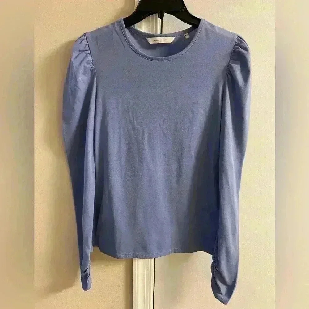 Rebecca Taylor‎ blouse top blue puff sleeve crewneck lightweight casual Medium